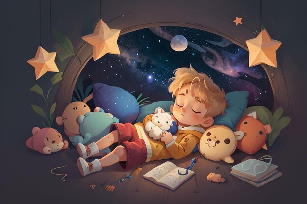 Foto kleiner junge schläft mit puppe voller sterne fantasy-cartoon-tapete hintergrundillustration