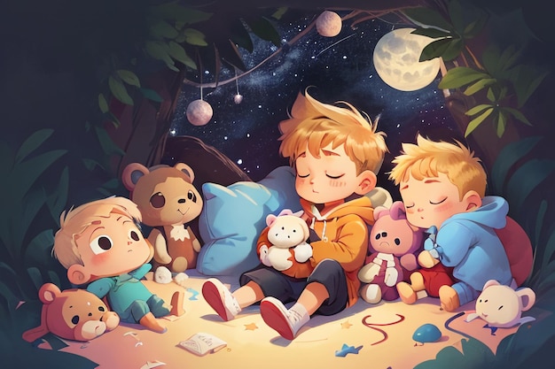 Kleiner Junge schläft mit Puppe voller Sterne Fantasy-Cartoon-Tapete Hintergrundillustration