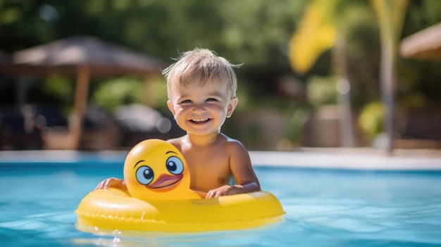 Kleiner Junge schwimmt am Wochenende auf einem gelben aufblasbaren Entlein in einem Pool