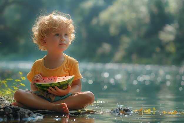 Kleiner Junge sitzt am See und isst Wassermelonen an einem heißen sonnigen Tag