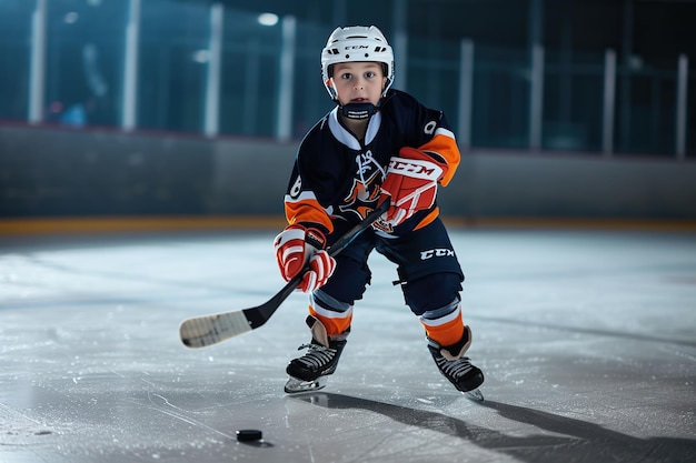 Kleiner Junge spielt Eishockey auf der Eisbahn x9