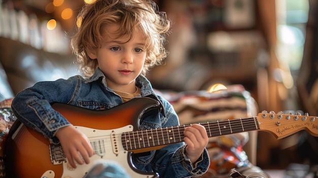 Kleiner Junge spielt Gitarre im Zimmer
