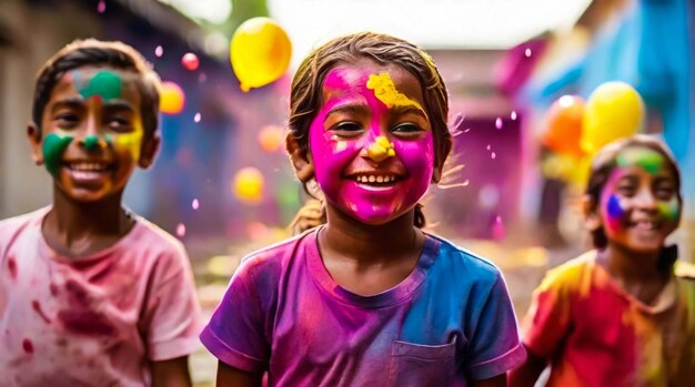 Kleiner Junge spielt mit Farben für das indische Fest Holi