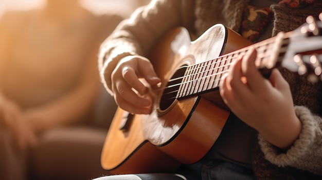 Kleiner Junge spielt zu Hause Gitarre. Erstellt mit generativer KI-Technologie