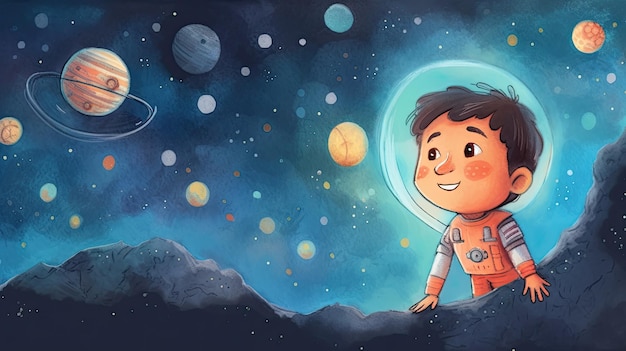 Kleiner Junge träumt von kosmischen Abenteuern, Bild im Retro-Cartoon-Stil