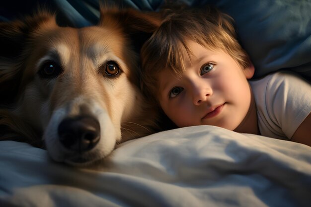 Kleiner Junge und Hund liegen zusammen im Bett, Kind neben seinem Haustier zu Hause