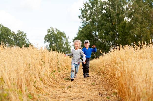 Kleiner Junge und Mädchen auf einem Weizenfeld im Sonnenlicht laufen und spielen die Natur genießen. Kind, das über Feld- und Sonnenunterganghimmelhintergrund anhebt. Umweltkonzept für Kinder