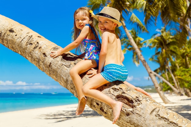 Kleiner Junge und Mädchen haben Spaß auf einer Kokospalme an einem tropischen Sandstrand. Das Konzept von Reisen und Familienurlaub.