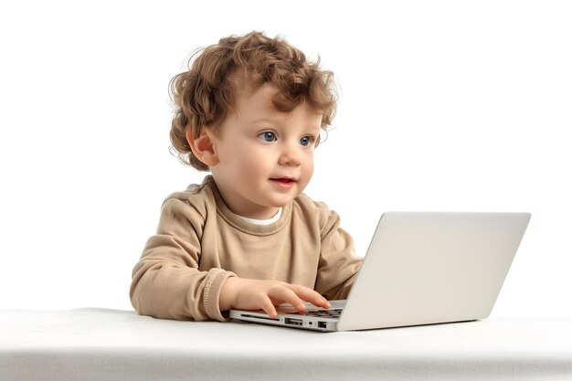 Kleiner Junge von 12 Jahren schaut mit Interesse auf einen Laptop-Bildschirm auf weißem Hintergrund Konzept der Generation Alpha Bildung und Entwicklung von Kindern Internethygiene medizinische und psychologische Forschung