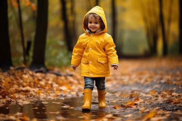 Kleiner kaukasischer Junge in regengelben Stiefeln springt und spritzt in Pfützen, während der Regen um ihn herum fällt. Die Aufnahme vermittelt eine starke Sommeratmosphäre.