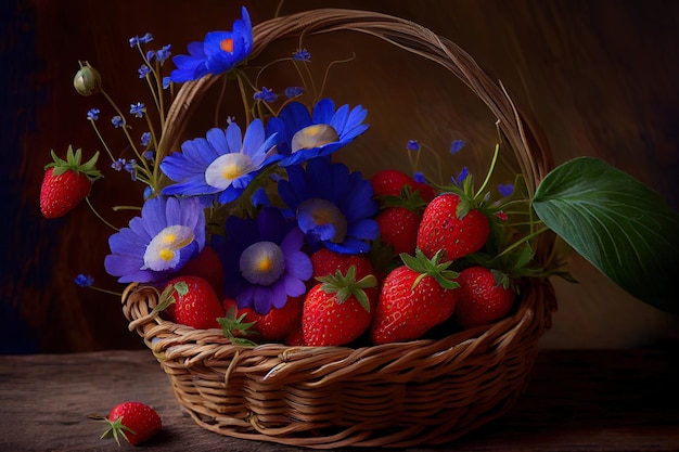 Kleiner Korb mit saftigen Erdbeeren und Kornblumen