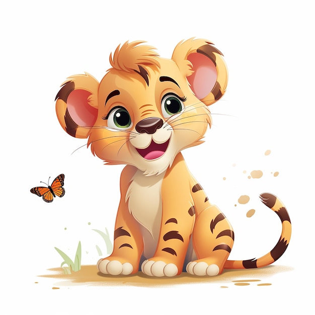 Kleiner Löwe spielt 3D-Cartoon-Illustration