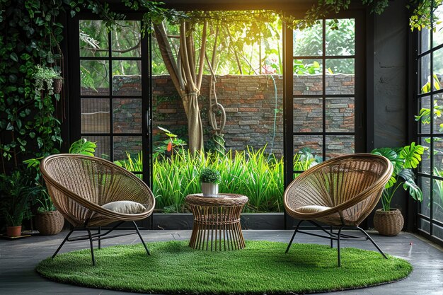 kleiner moderner Patio-Garten mit künstlichem Gras und Rattan-Möbeln Inspirationsideen