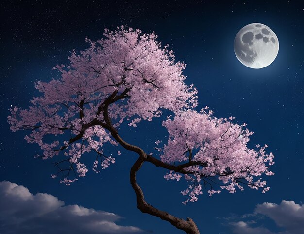 Foto kleiner mond und sterne und sakura-bäume am nachthimmel