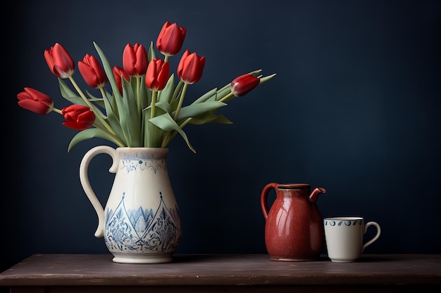 Kleiner Rahmen in der Nähe eines Kruges mit Tulpen