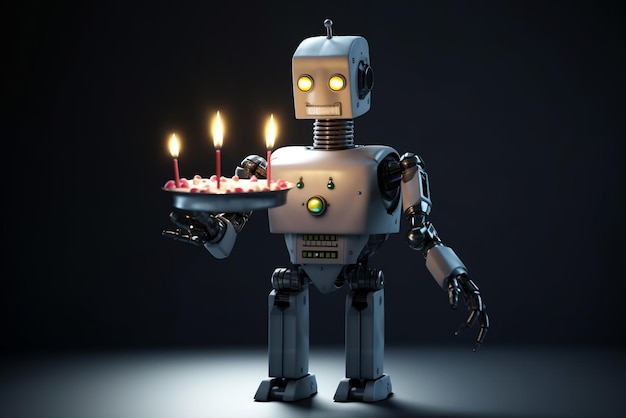 Kleiner Retro-Roboter mit Kuchen und brennenden Kerzen Generative KI