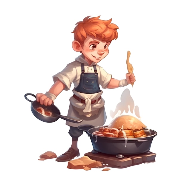 Kleiner rothaariger Junge, der in der Küche kocht. Vektorillustration