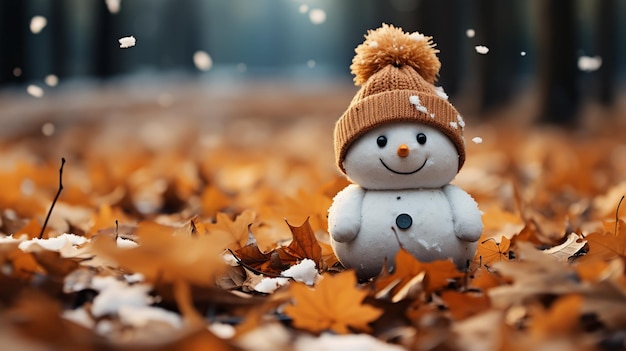 Kleiner Schneemann aus dem ersten Schnee mit Herbstblättern und Moosknöpfen steht auf der Birke und dem Gras im Herbstwald