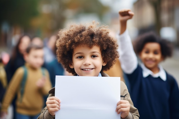 kleiner Schuljunge mit lockigem Haar, der ein Blatt Papier hält