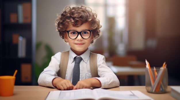 Kleiner Schuljunge sitzt an seinem Schreibtisch vor einem Klassenzimmer, erstellt mit generativer KI-Technologie