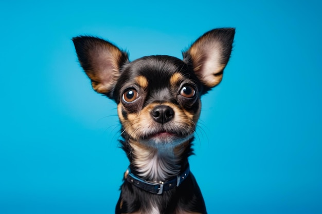 Kleiner schwarz-brauner Hund mit blauem Hintergrund