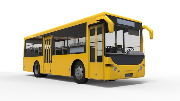 Kleiner städtischer gelber Bus auf weißem Hintergrund. 3D-Rendering.
