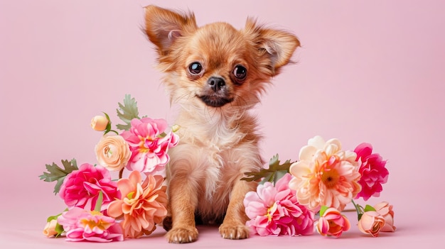 Kleiner süßer Chihuahua-Hund hält einen Blumenstrauß auf einem rosa Hintergrund Frühlingskarte für Valentinstag, Frauentag und Geburtstag