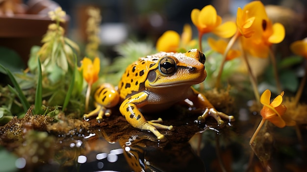 Kleiner süßer giftiger Frosch, der auf einem Blatt im Terrarium sitzt