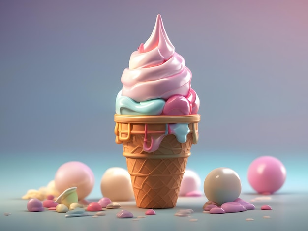 Kleiner, süßer, isometrischer 3D-Rendering von Eiscreme-Kegel