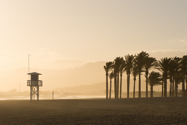 Kleiner Turm am Strand neben Palmen