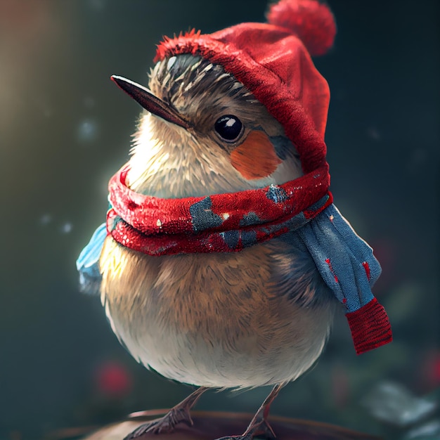 Kleiner Vogel, der Wintergarderobenmode trägt