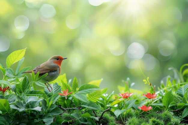 Kleiner Vogel sitzt auf einer üppig grünen Pflanze