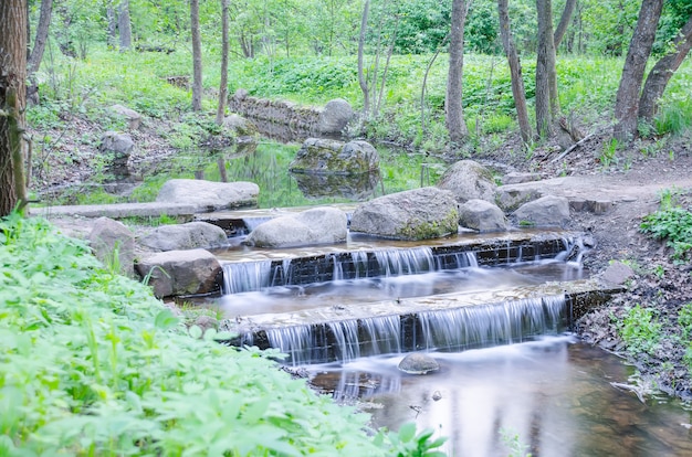 Kleiner Wasserfall an einem kleinen malerischen Bach im Wald