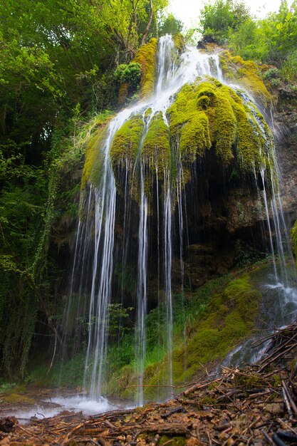 Kleiner Wasserfall zwischen dem Moos über einer Höhle