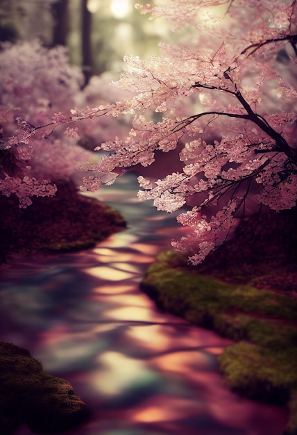 Kleiner Wasserstrahl auf einem wunderschönen Sakura-Wald