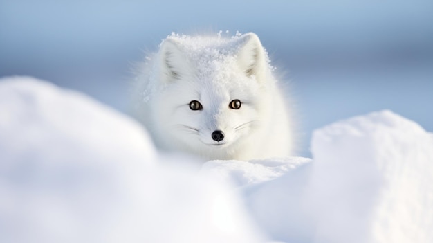 Kleiner weißer arktischer Fuchs Vulpes Lagopus blickt auf das saubere und helle weiße Schneefeld
