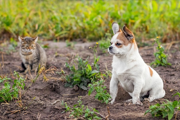 Kleiner weißer Hund, der im Garten neben einem kleinen gestreiften Kätzchen sitzt. Hund und Katze sind Freunde