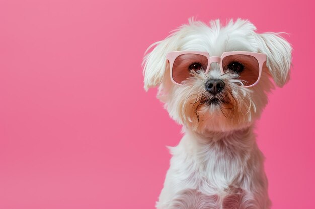 Kleiner weißer Hund mit rosa Sonnenbrille auf rosa Hintergrund