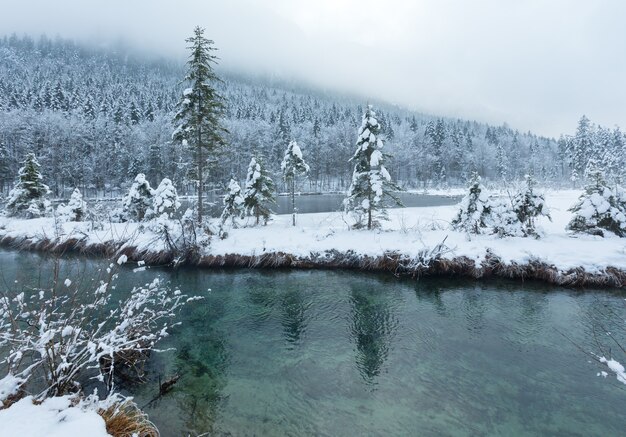 Kleiner Winterbach mit schneebedeckten Bäumen am Ufer.