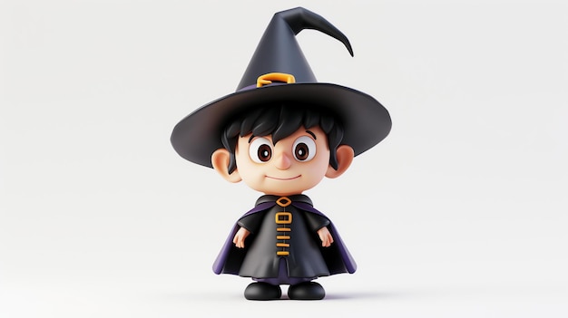 Kleiner Zaubererjunge 3D-Rendering Der Junge trägt einen schwarzen Hut und einen lila Mantel Er hat ein freundliches Lächeln auf seinem Gesicht