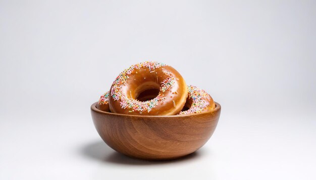 kleiner Zuckerring-Donut mit einer Holzschüssel, die auf weißem Hintergrund isoliert ist