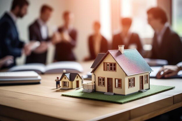 Kleinere Residenz steht auf dem Tisch innerhalb der Immobilienagentur, während Immobilienmakler und Kunden Ror unterschreiben