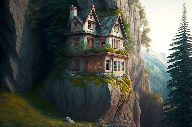 Kleines altes Haus am Rand der Klippe im Wald Haus im englischen Stil außen