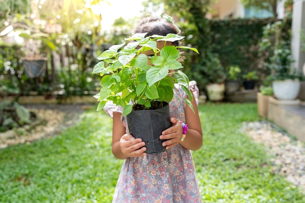 Kleines asiatisches Mädchen, das Zimmerpflanze im Garten hält