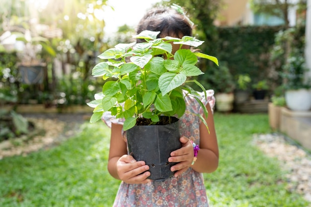 Kleines asiatisches Mädchen, das Zimmerpflanze im Garten hält