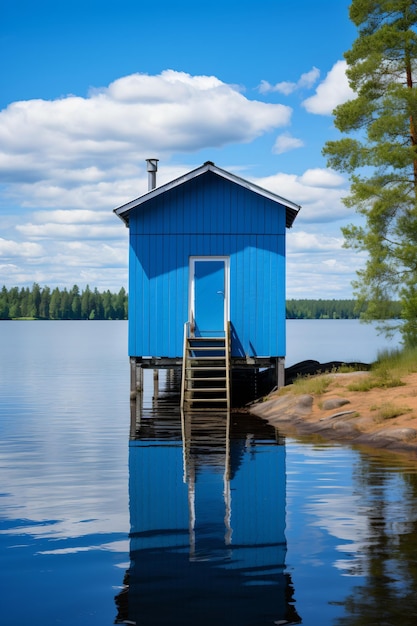 Foto kleines blaues haus am see