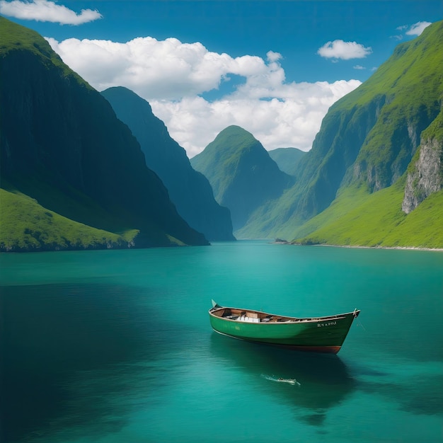 Kleines Boot, umgeben von einer riesigen Fläche smaragdgrüner Berge und einem tiefblauen Ozean
