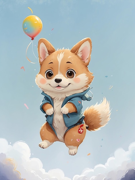 Kleines Corgi-Hündchen-Kunstwerk, das in der Luft schwebt