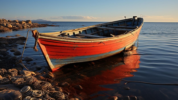 Kleines Fischerboot, beladen mit Ausrüstung, auf dem Weg in die Nordsee