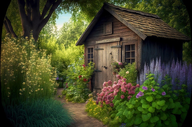 Kleines Gartenhaus aus Holz mit Pfad und Blumenbeeten